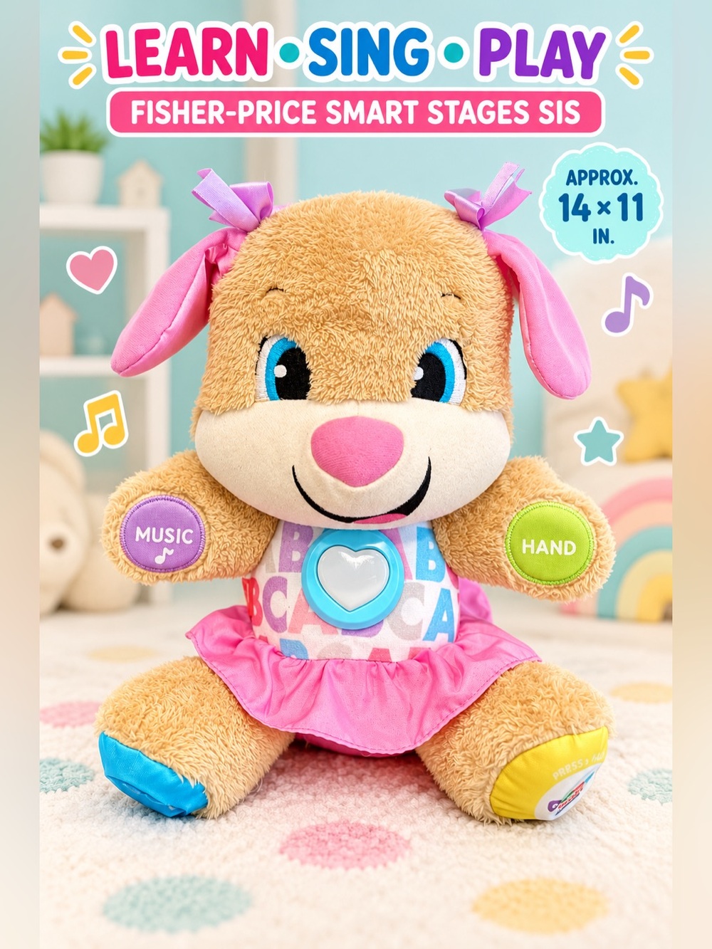 Fisher-Price Laugh & Learn Smart Stages Sis Pink Musical Plush Puppy 14”-Tested